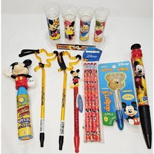 Vtg Lot Of Disney Mickey Mouse Items Pencils, Pens, Coin Sorter, Lollipops
